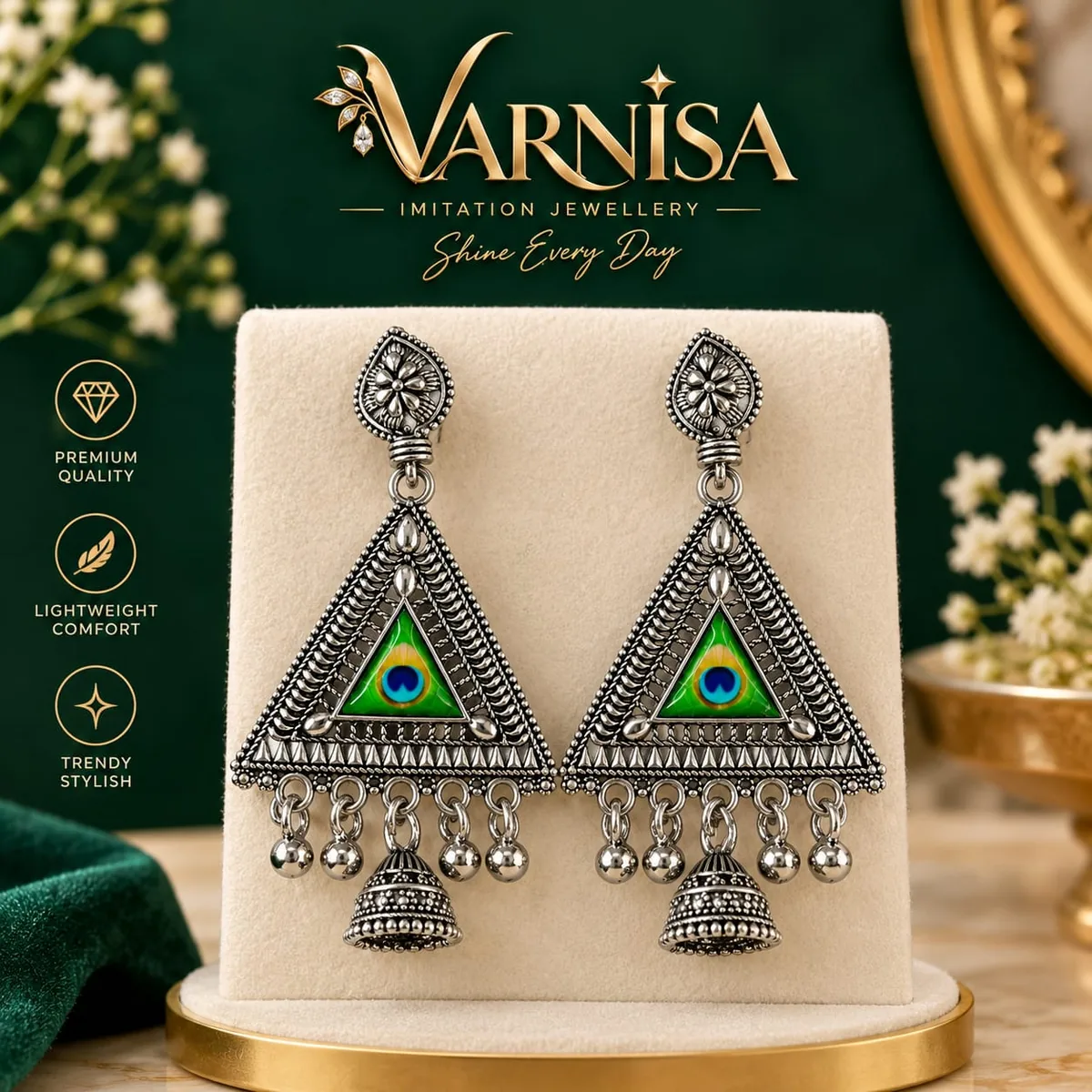 Oxidised temple earrings with peacock detailing